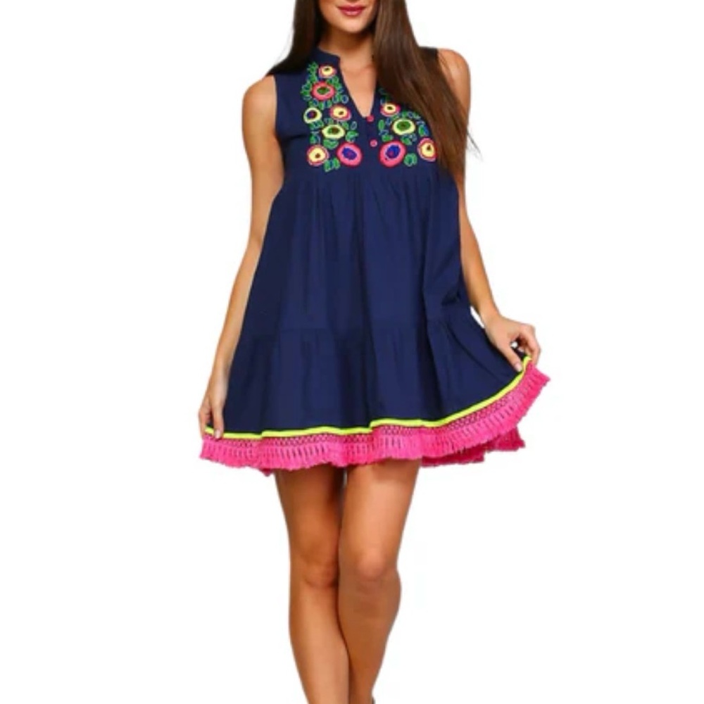 Beaded Velzera Navy Mini Dress with Pink Trim and Multicolor Embroidery